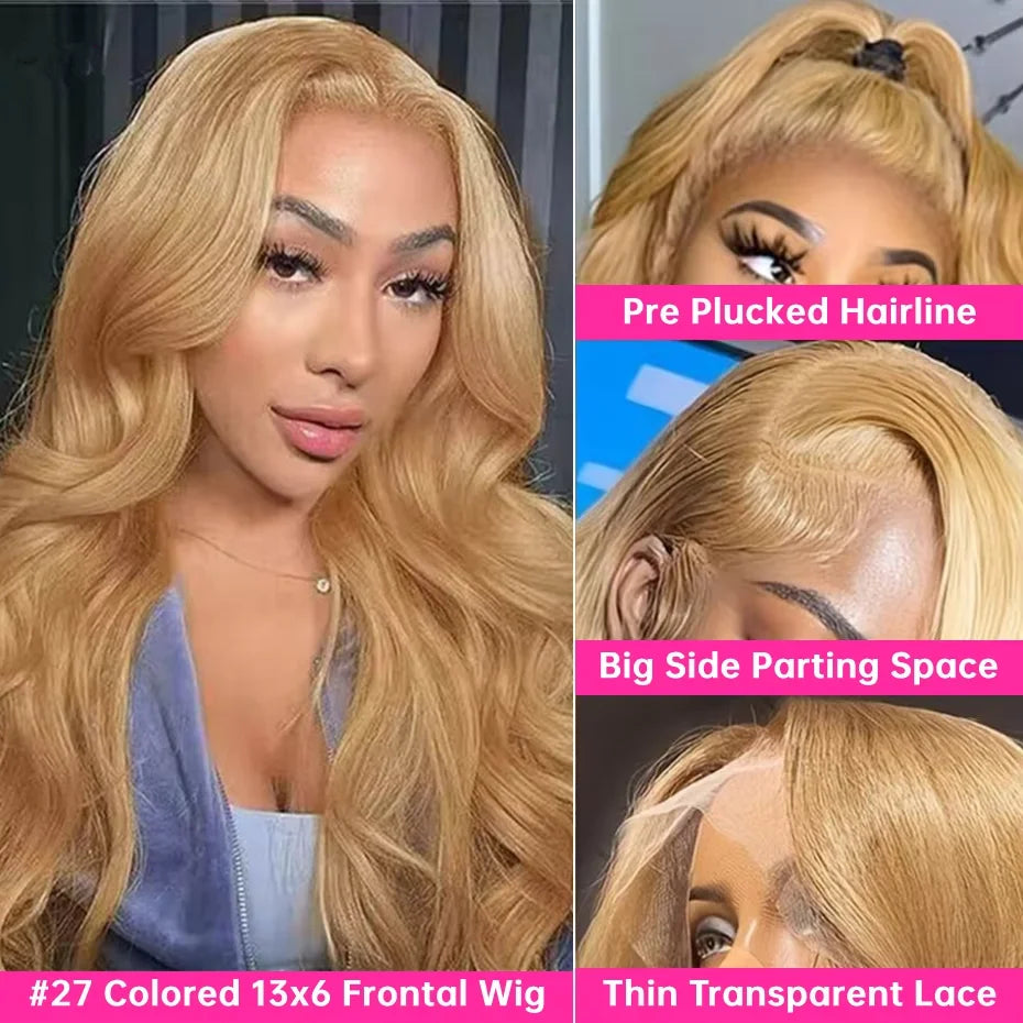 27# Honey Blond Body Wave 13x4 Lace Frontal Human Hair Wigs Brazilian Colored Loose Water Wave 13x6 HD Lace Front Wig For Women